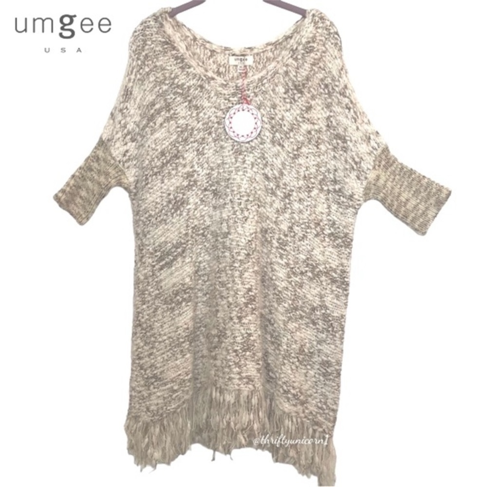 ๐ซถ NWT Umgee Marble Chunky Knit Fringe Hem Tan White Sweater Medium/Large - Picture 2 of 4